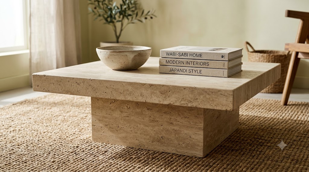 Honed Travertine Low-Slung Block Coffee Tables